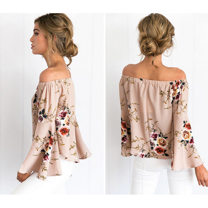 Off Shoulder Flower Print Long Trumpet Sleeves Blouse