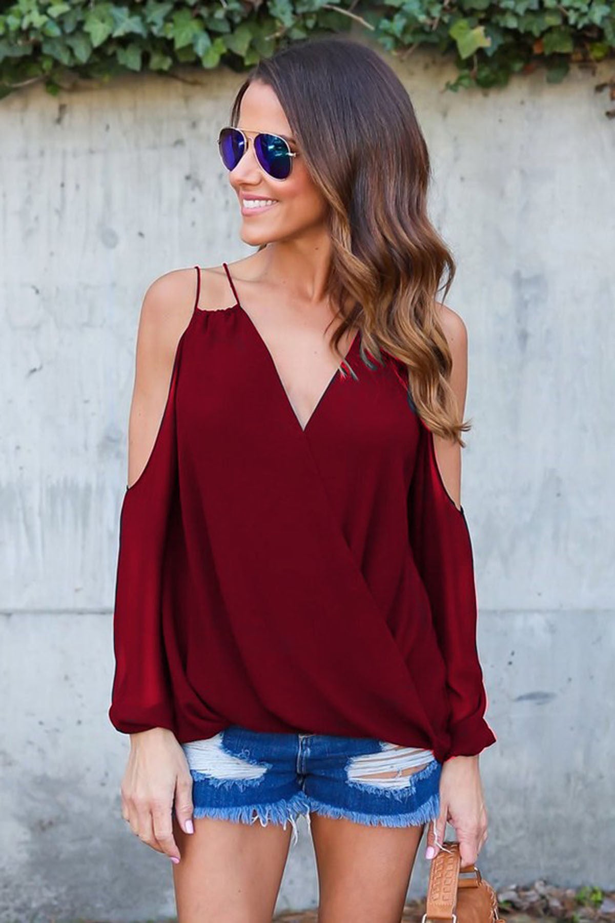 Bear Shoulder Long Sleeves V-neck Loose Blouse