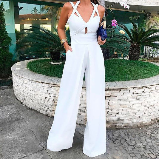 White Sleeveless V Neck Wide Leg Cutout Jumpsuits