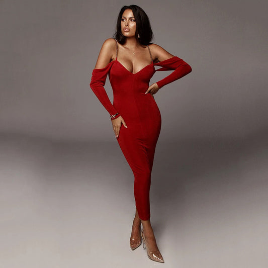 Spaghetti Strap Backless Long Sleeve Bodycon Dress