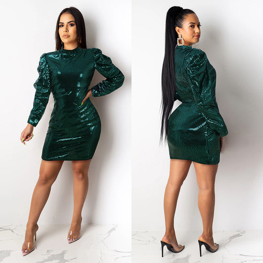 Green Sequin Puff Sleeve Bodycon Dress