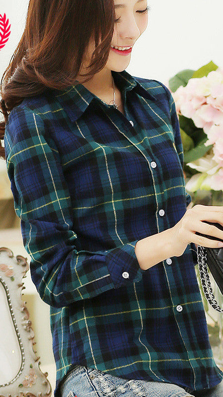 Plaid Turn-down Collar Flower Print Long Sleeves Slim Button Blouse