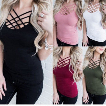 Sleeveless V-neck Straps Cross Pure Color Tank Top