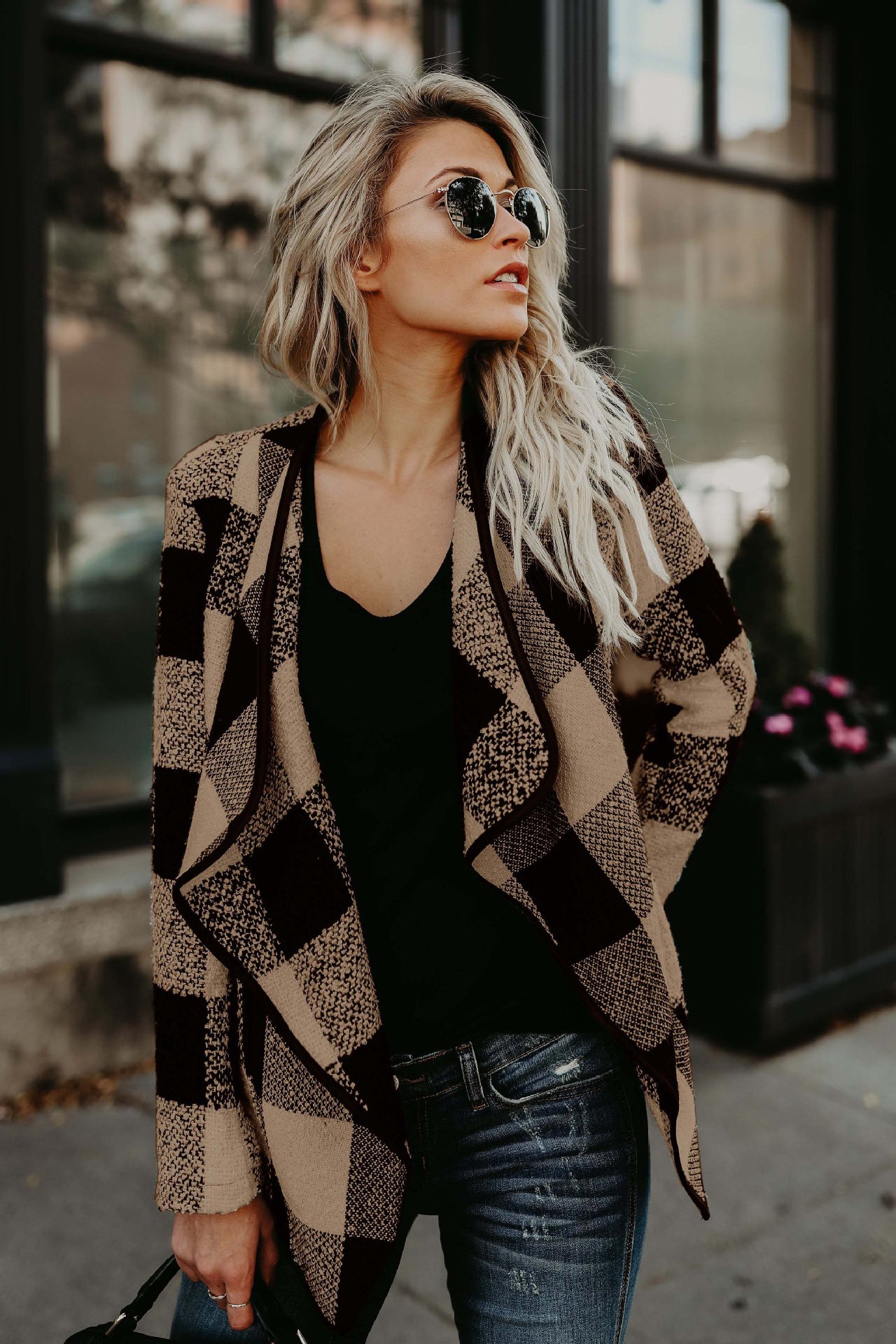 Plaid Lapel Loose Color Block Irregular Short Cardigan Coat