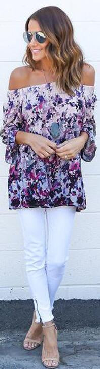 Fashion Off Shoulder Floral Print Sexy Blouse