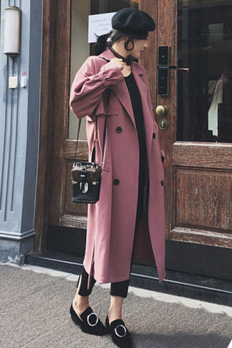 Solid Color Lapel Double Breasted Trumpet Sleeves Long Coat