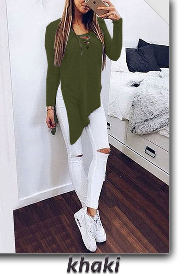 Irregular V-neck Pure Color Long Sleeves Long Blouse