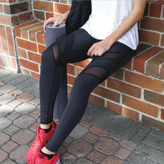 Black Mesh Patchwork Elastic Yoga Long Leggings