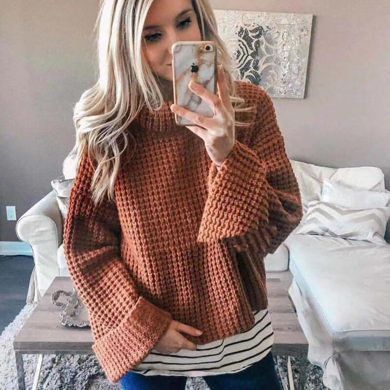 Turtleneck Wide Sleeve Knit Crochet Sweater