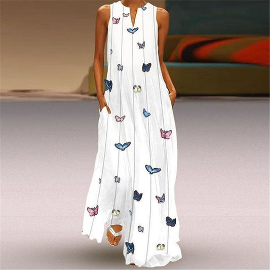 Plus Size V Neck Butterfly Print Maxi Dress