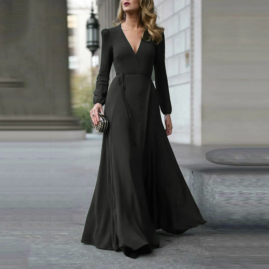 Long Sleeve V Neck High Waist Maxi Dress