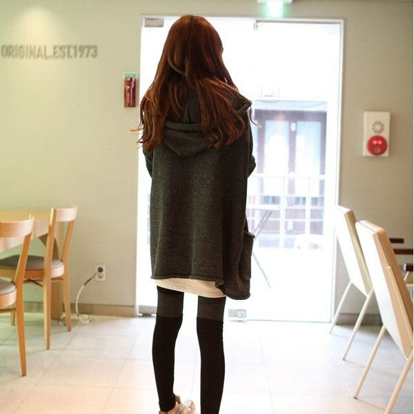 Pure Color Long Sleeves V-neck Long Hooded Cardigan