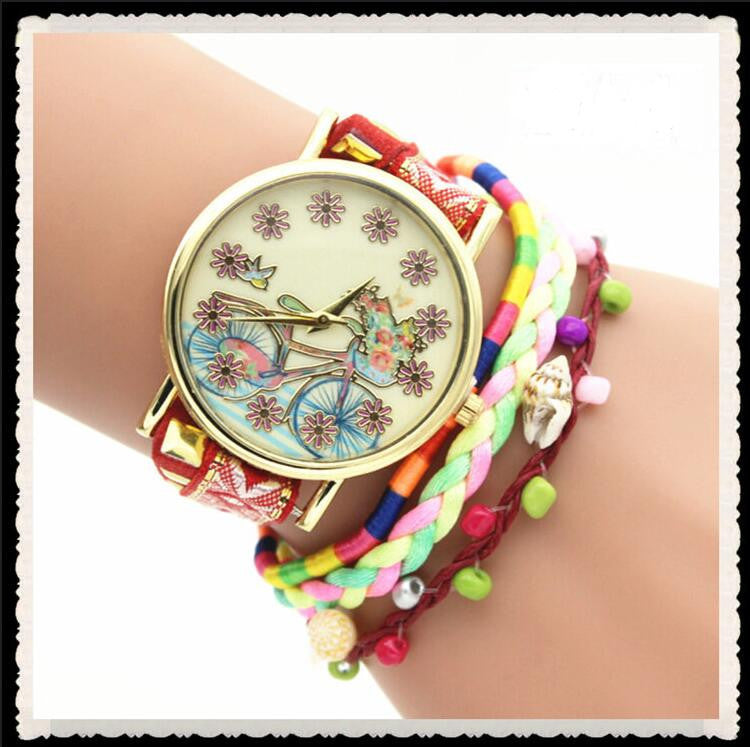 Personality Bike Print Woven Bracelet Watch