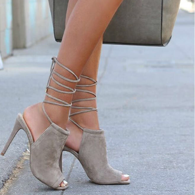 Suede Peep-toe Summer Ankle Strap Ankle Wraps Suede Peep Toe Stiletto Heel Sandals