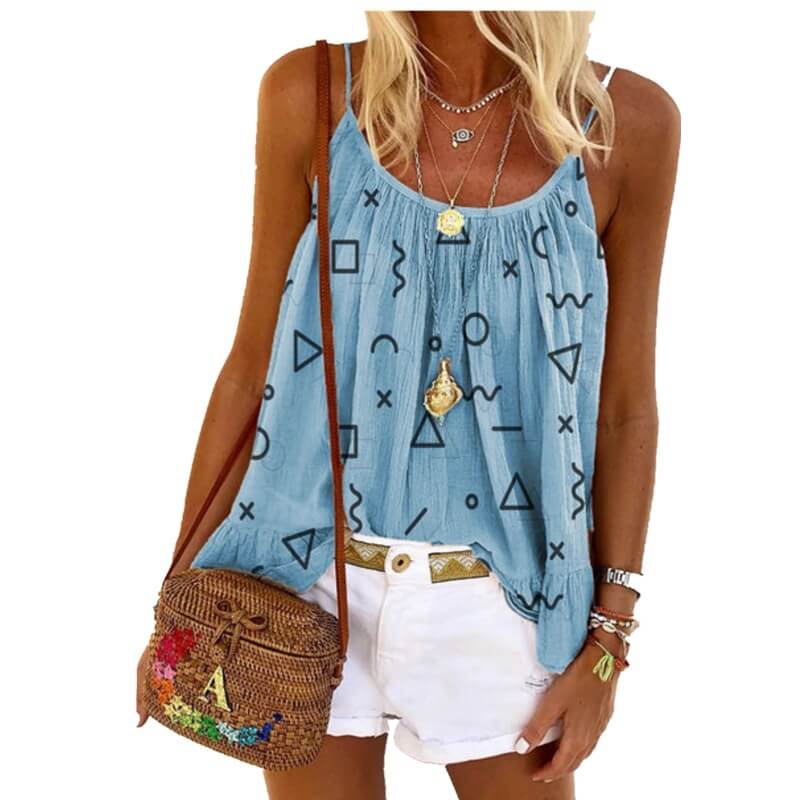 Summer Loose Print Spaghetti Strap Sleeveless T-shirts