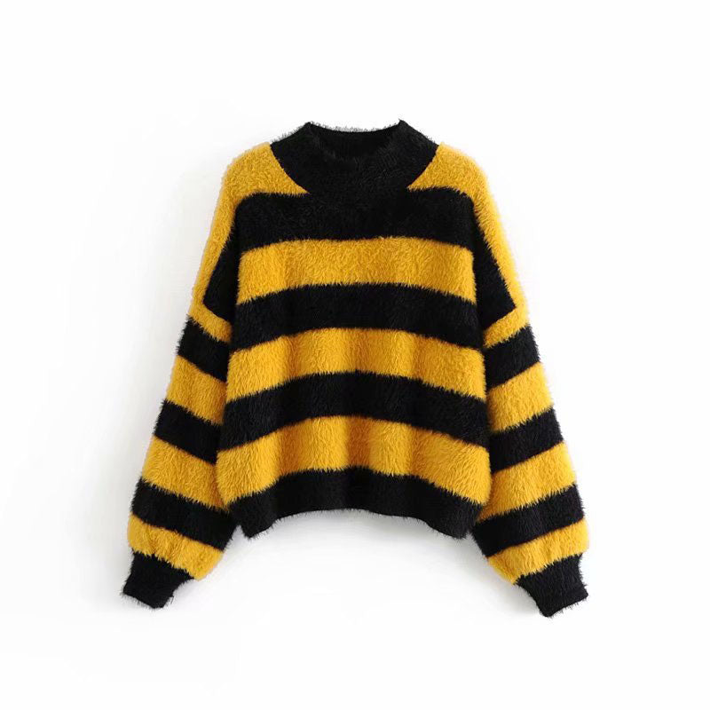 Striped Colorblock Mock Neck Sweater