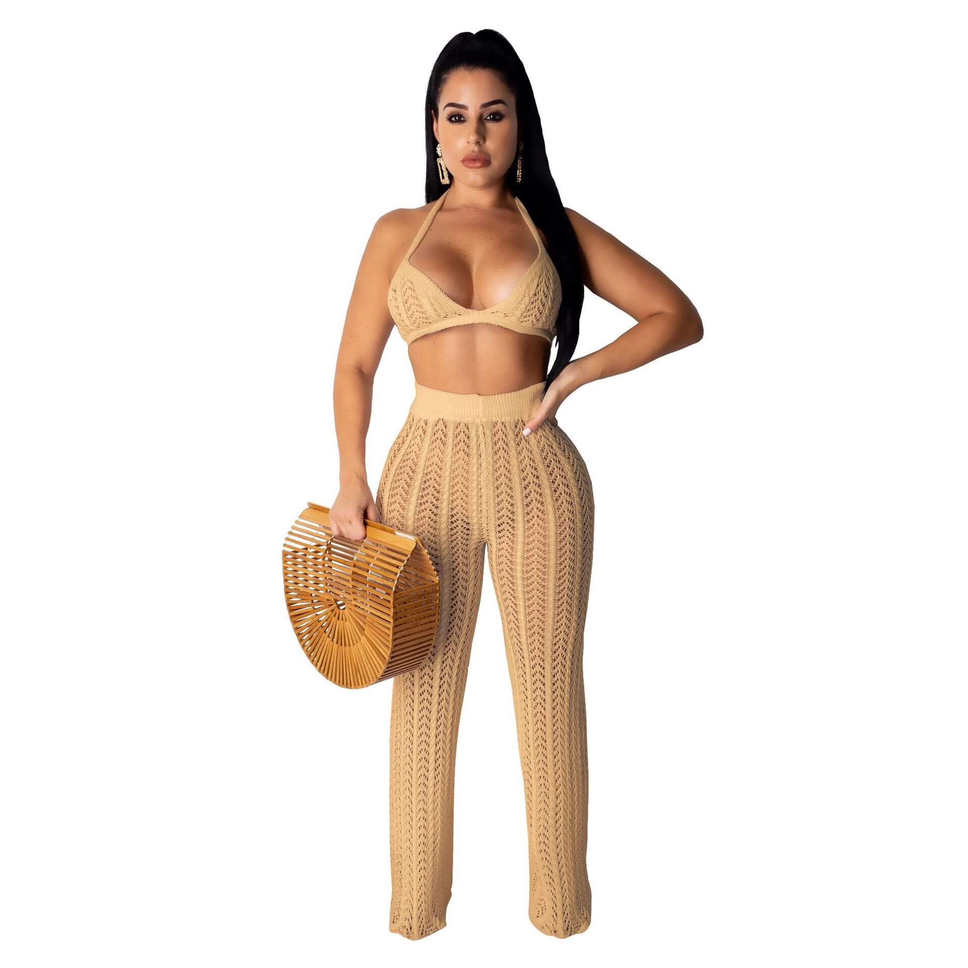 Spaghetti Straps Crop Top High Waist Bell Bottom Pants Set