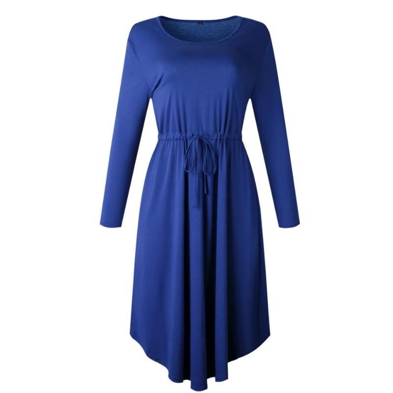 OL Tie Waist Pure Color Midi Dress