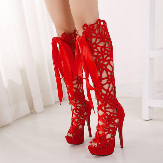 Cut Out Peep Toe Platform Super High Heels Long Boot Sandals