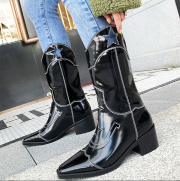 Fashion Leather Square Toe Star Chunky Heel Calf Boots