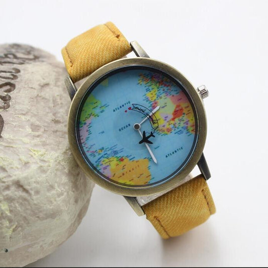 Denim Print Strap Map Plane Watch