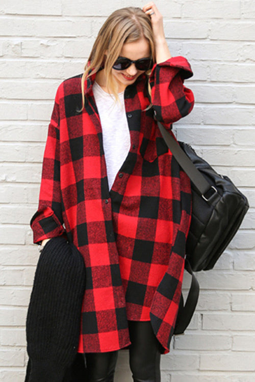 Plaid Button Loose Long Blouse