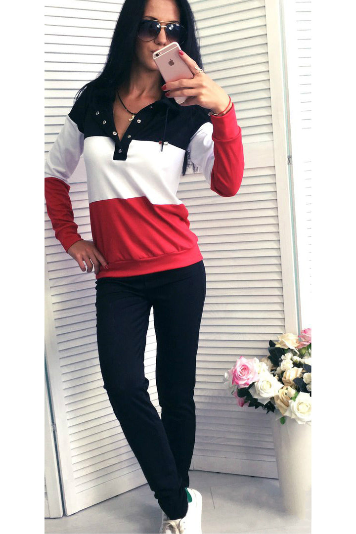 Pure Color Splicing Blouse with Skinny Pants Two Pieces Set