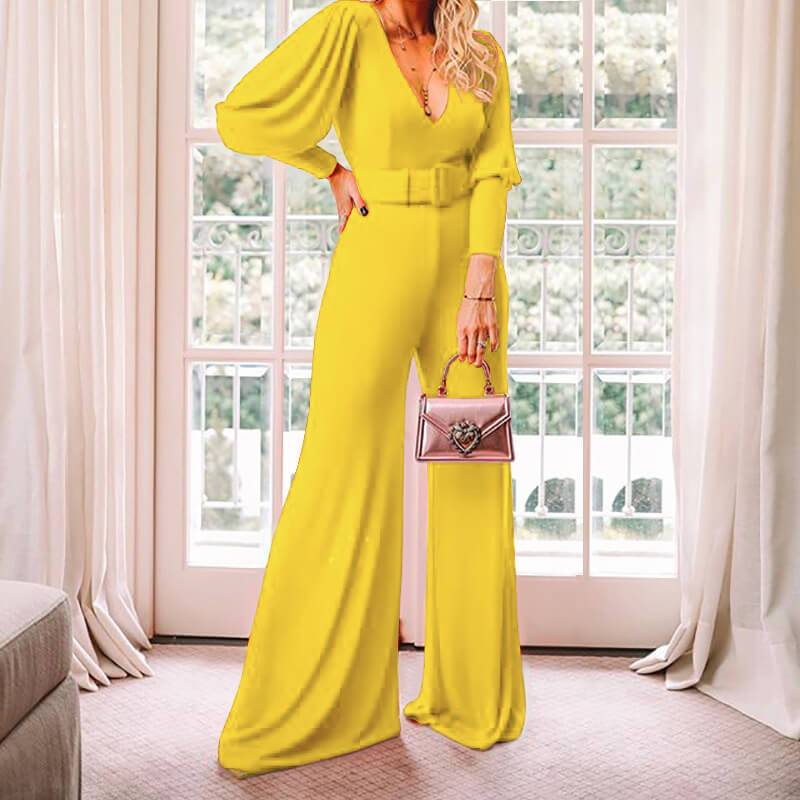 Long Sleeves Wide Leg V Neck High Waist Bodycon Jumpsuits
