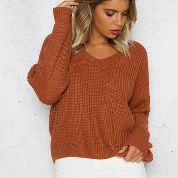 Back Cross Pure Color Long Sleeves V-neck Sweater