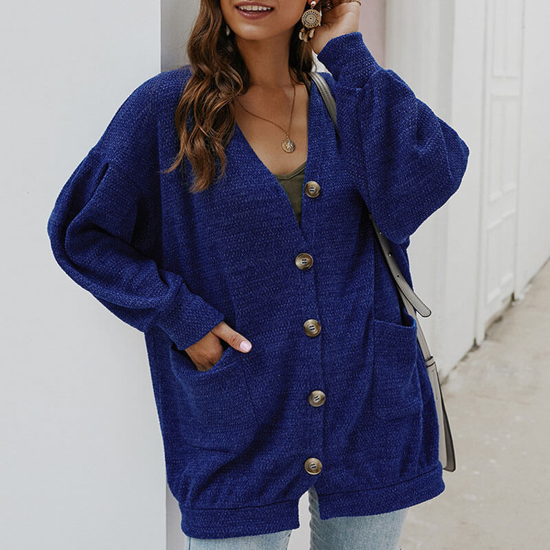 Oversized V Neck Pockets Button Up Cardigan