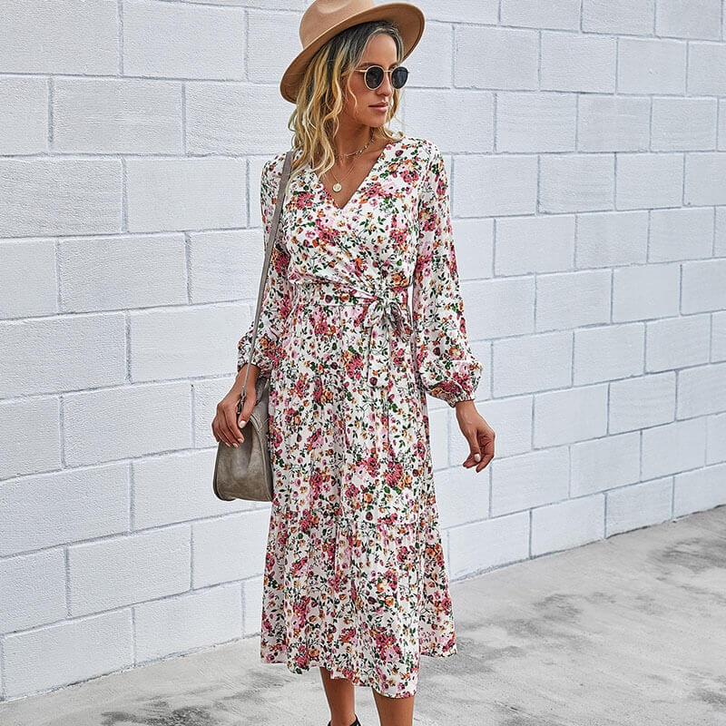 OL Printed Tie Waist Midi Dress