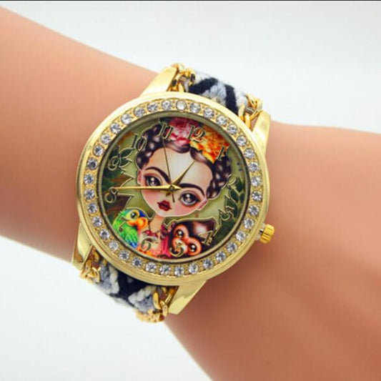 Beauty Girl Print Knitting Wool Strap Watch