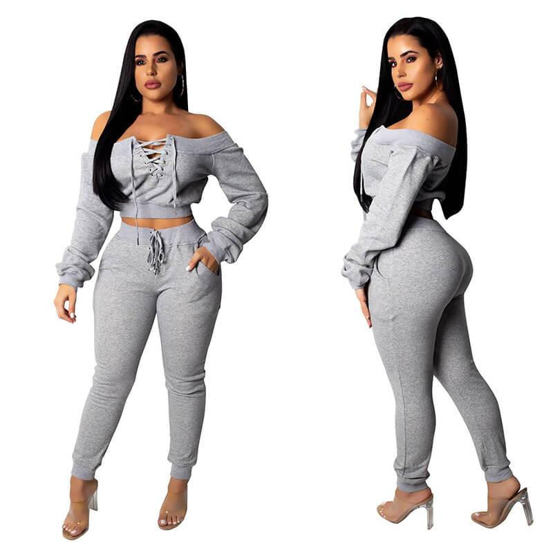 Lace Up Crop Top High Waist Skinny Pants Set