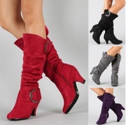 Pointed Toe Buckled Mid Calf Heel Boots