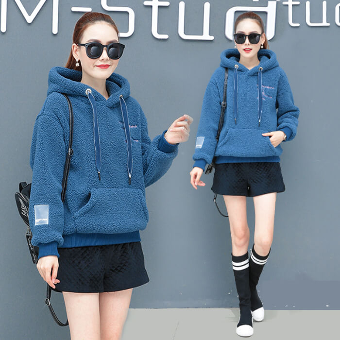 Pullover Drawstring Letter Print Pocket Teddy Hoodies