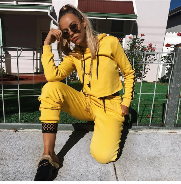 Casual Yellow Hooded Long Sleeve High Waist Pants Sets