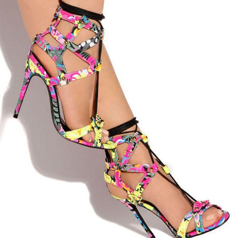 Flower Print Cutout Open Toe High Heel Sandals