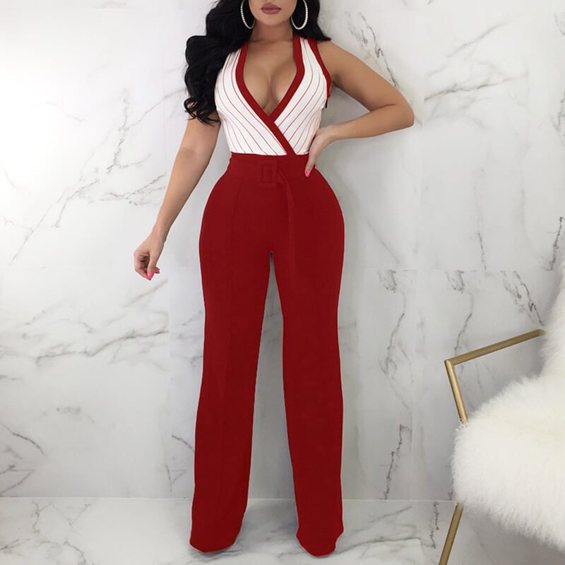 Sleeveless Wide Leg Stripe V Neck Jumpsuits