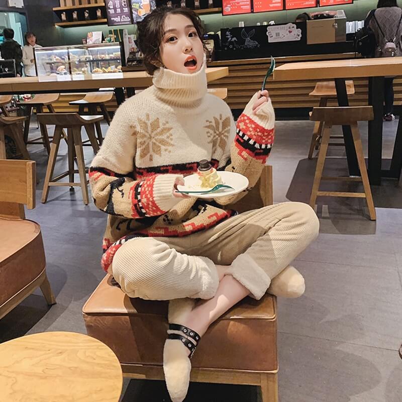 Turtleneck Colorblock Christmas Reindeer Sweater