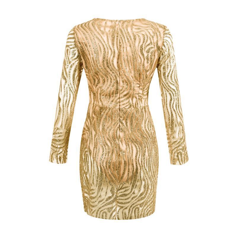 Golden Sequin Sheer Bodycon Long Sleeve Dress