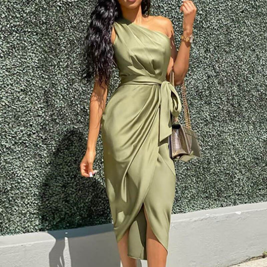 One Shoulder Tie Waist Satin Dress