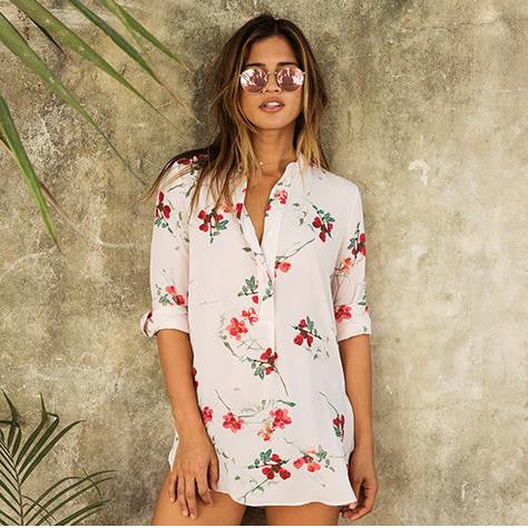 Flower Print Turn-down Collar Middle Sleeves Chiffon Blouse