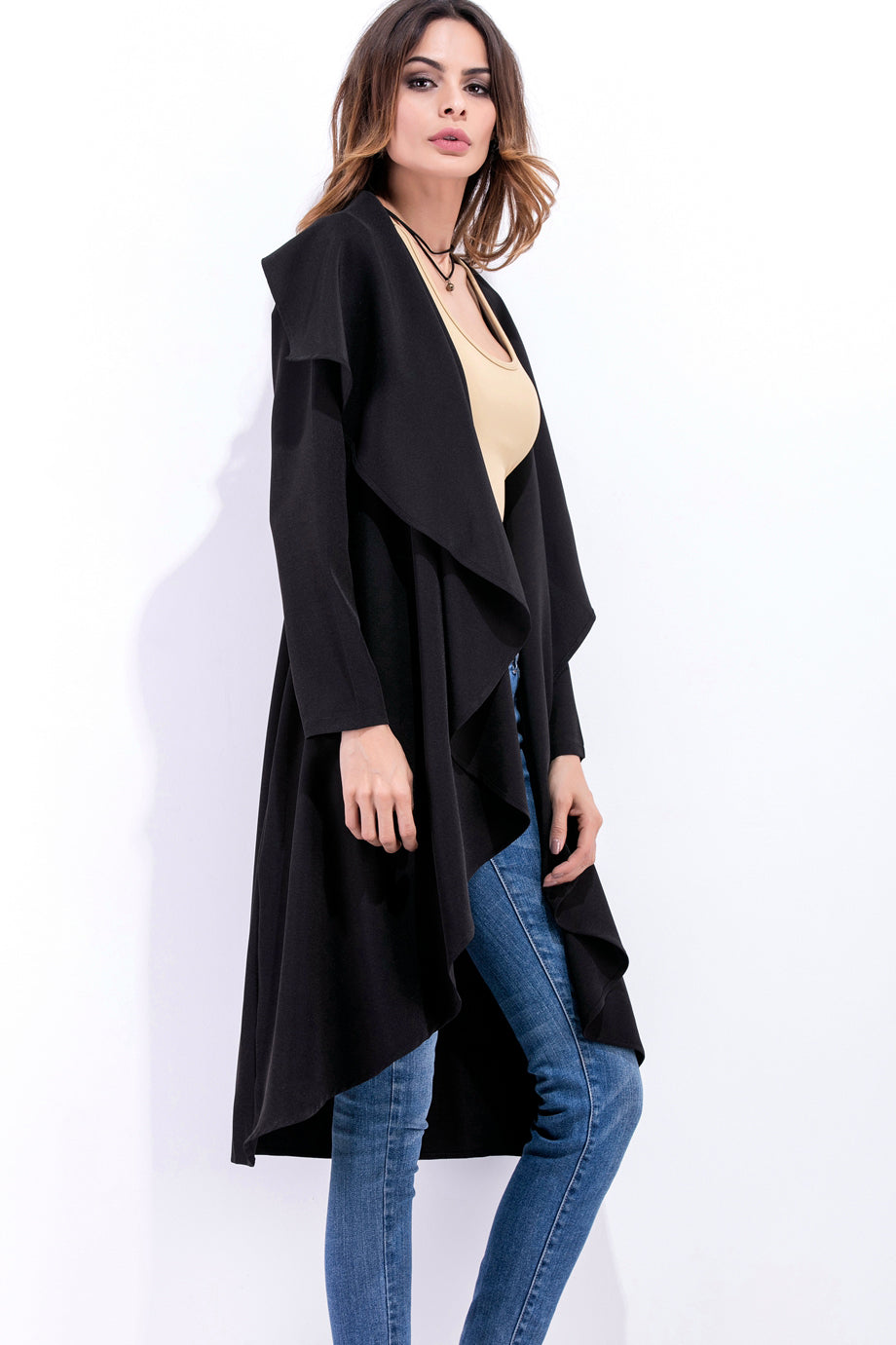 Ruffles Lapel Solid Color Long Irregular Coat