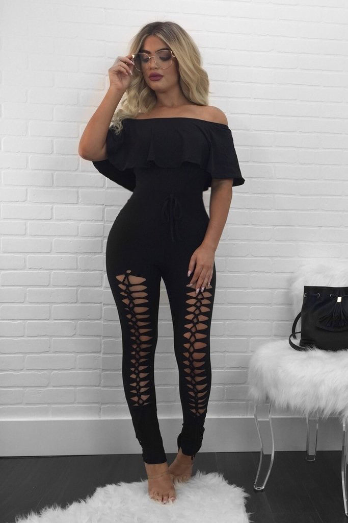 Off Shoulder Short Sleeves Long Ripped Jumpsuit