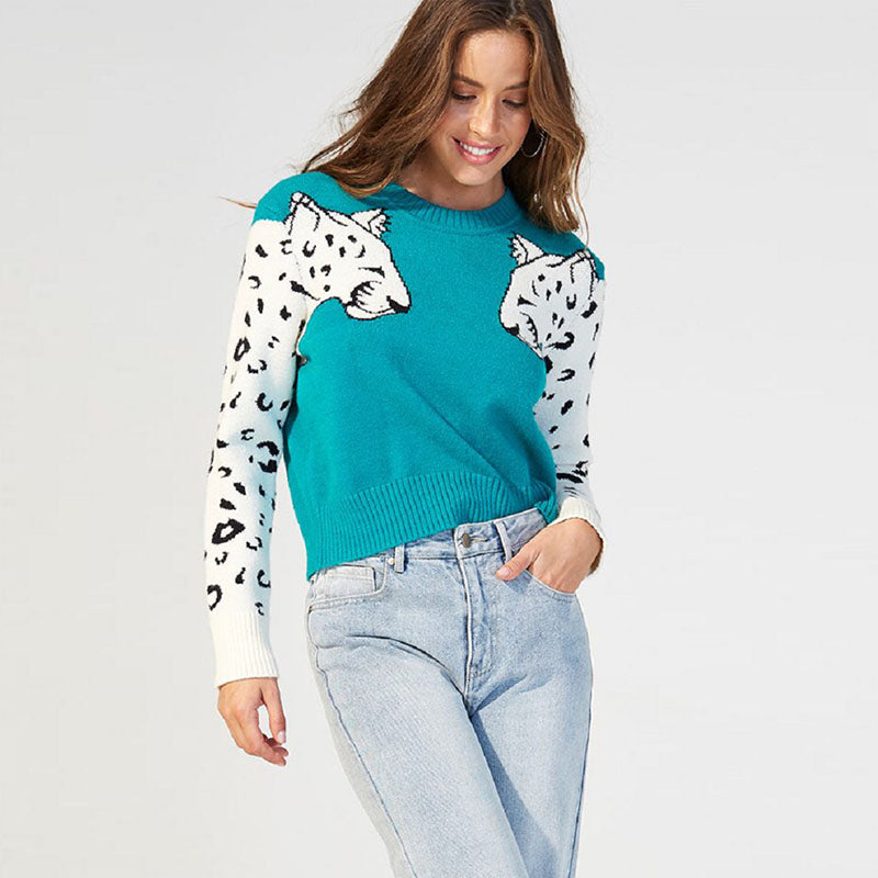 Leopard Pattern Knitting Pullover Woolen Sweater