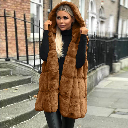 Slim Hooded Faux Fur Gilet Coat