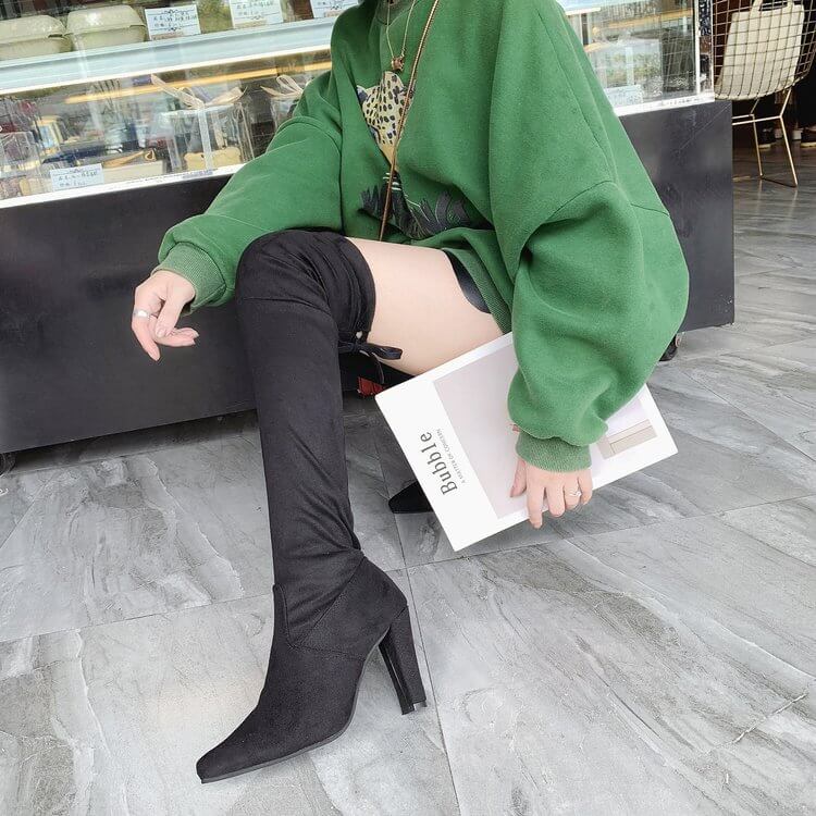 Black Over Knee High Heel Suede Boots