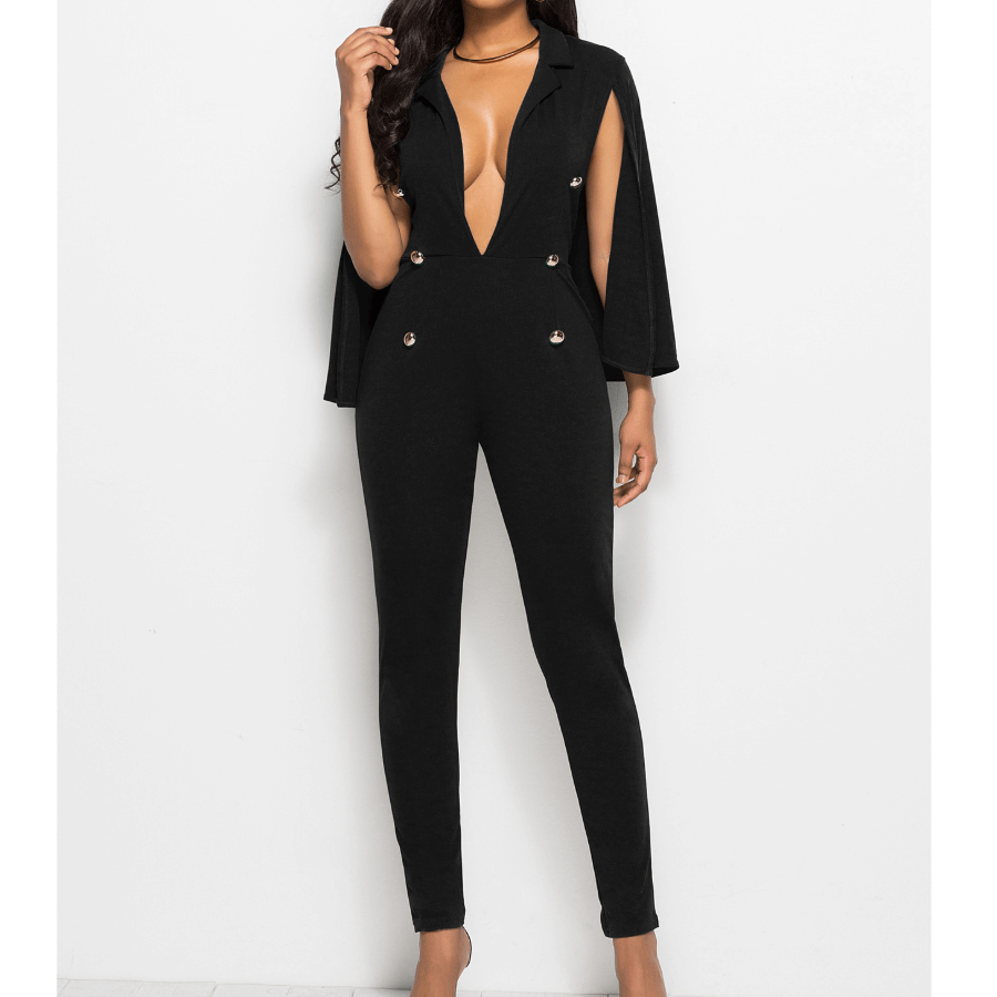 Overlay V Neck Skinny Cape Jumpsuits