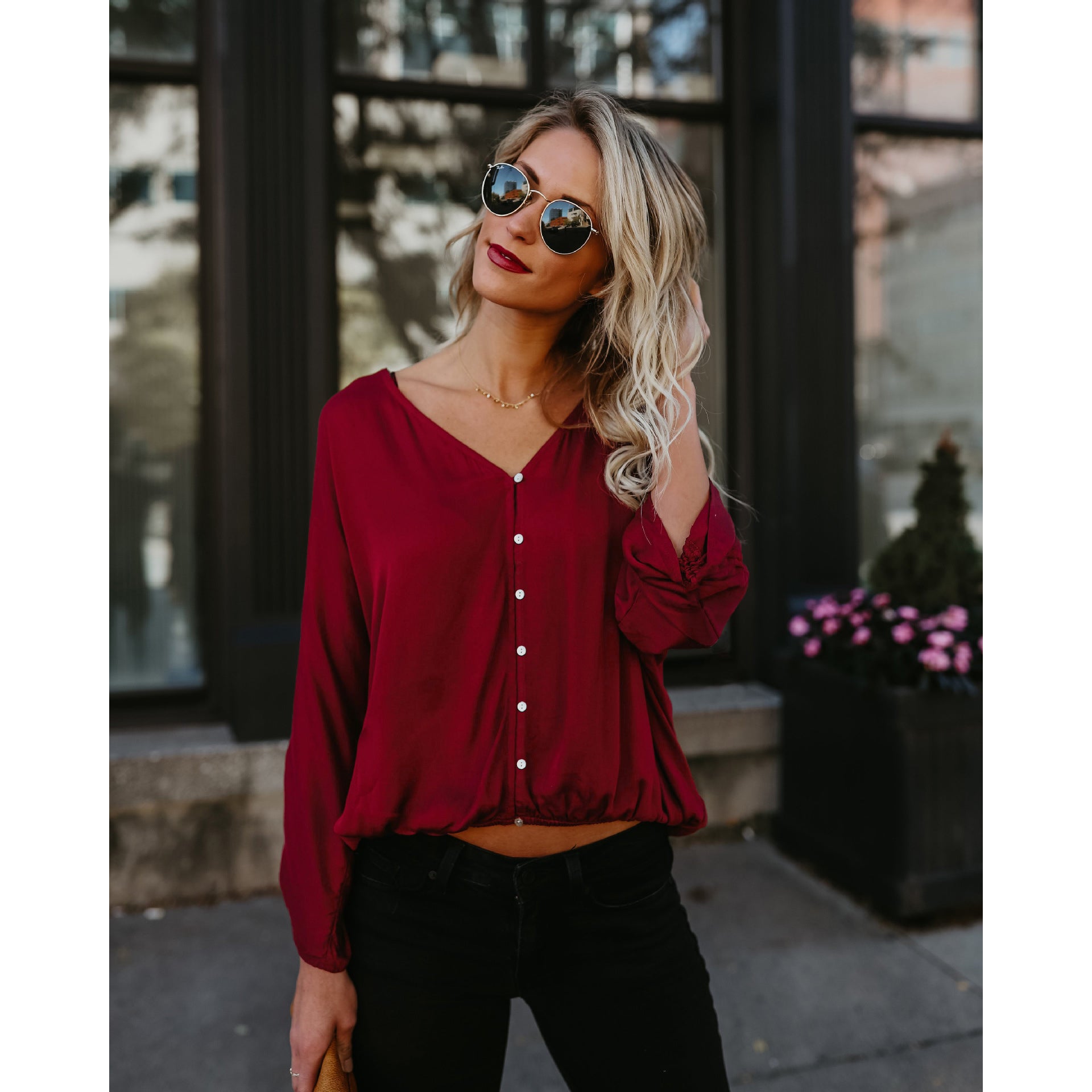 Pure Color V-neck Long Sleeves Regular Loose Blouse