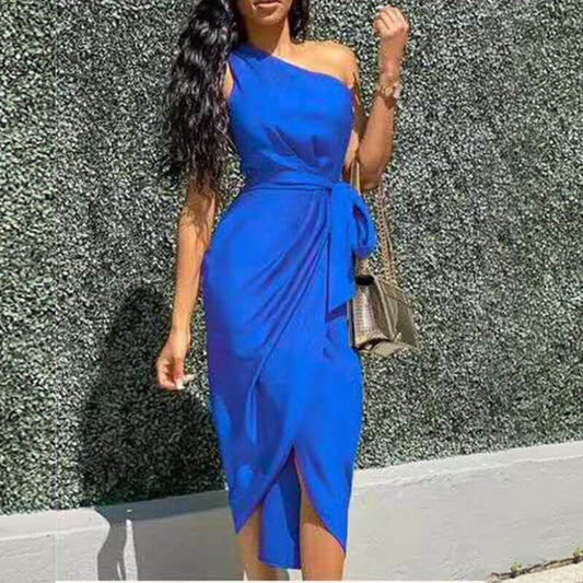 One Shoulder Tie Waist Satin Dress